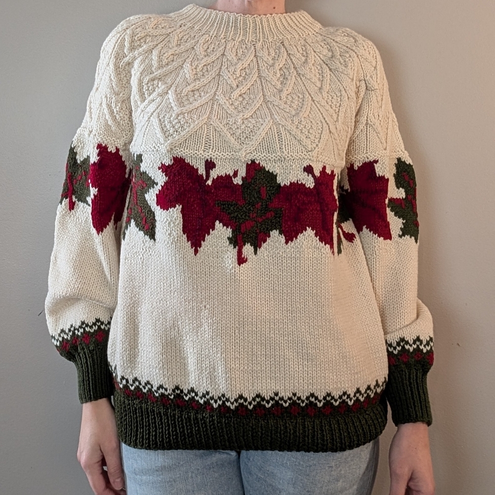Handmade Knit Sweater, Cream w Red & Green Leaves, Crewneck Pullover Sweater - Picture 4 of 14